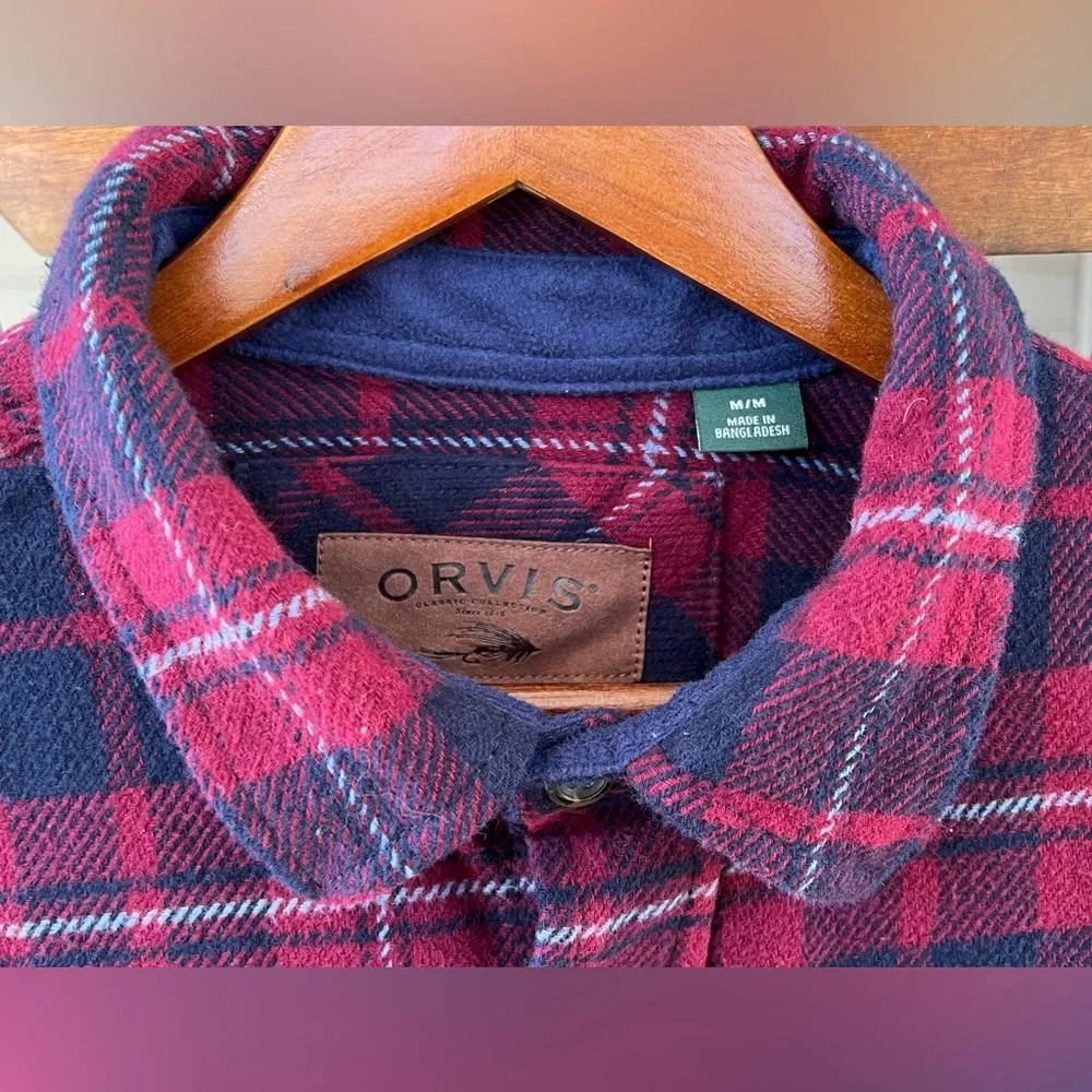 Orvis Big Bear Heavyweight Flannel Plaid Shirt Red Blue Sangria Cotton Men's M